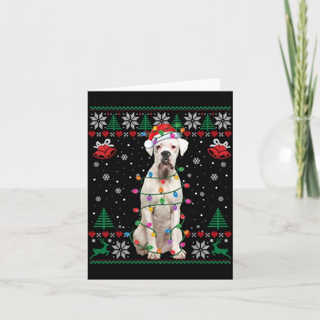 White Boxer Dog Ugly Christmas Sweater Funny Xmas  Card (Front)