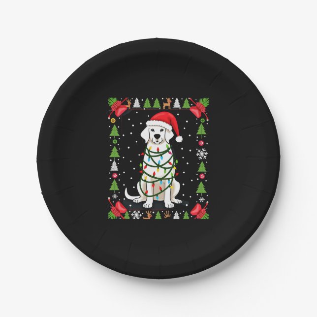 White Boxer Dog Ugly Christmas Sweater Funny Xmas  Paper Plates (Front)