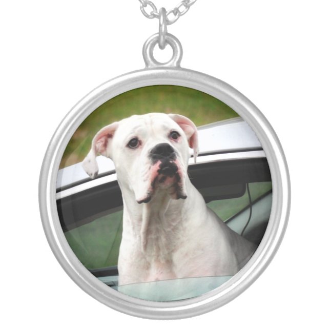 White Boxer in a Car Silver Plated Necklace (Front)