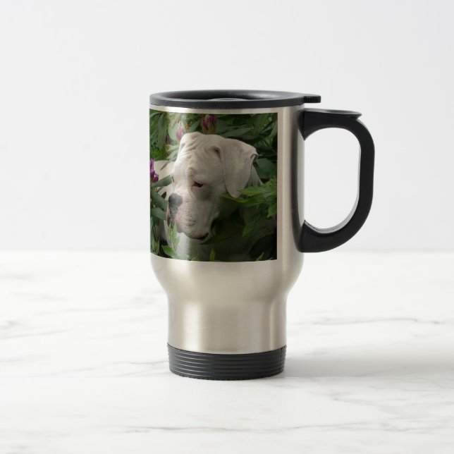White Boxer in Pink Rhodies Travel Mug (Right)