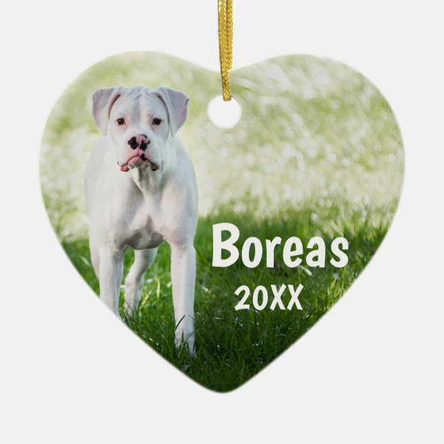 White Boxer Personalized Christmas Dog Ornament (Front)
