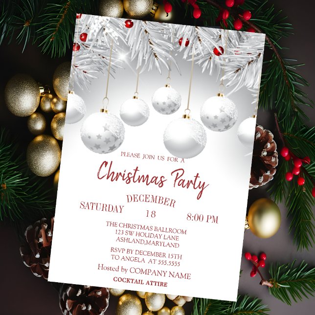 White Branches Balls Christmas Company Party Invitation (Creator Uploaded)