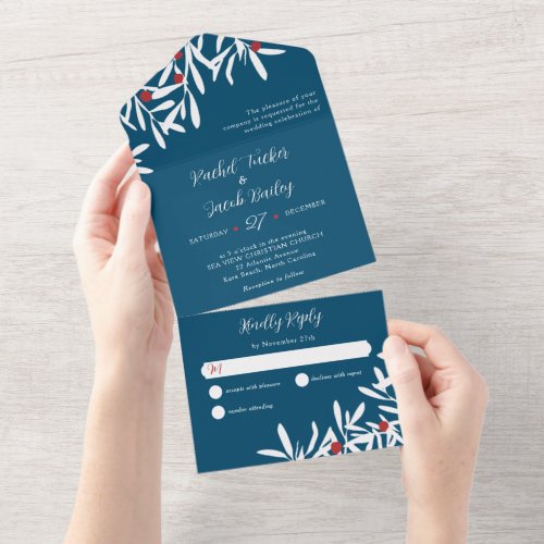 White Branches  Berries Christmas Wedding Blue All In One Invitation