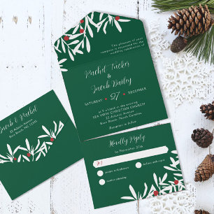 White Branches & Berries Christmas Wedding Green All In One Invitation