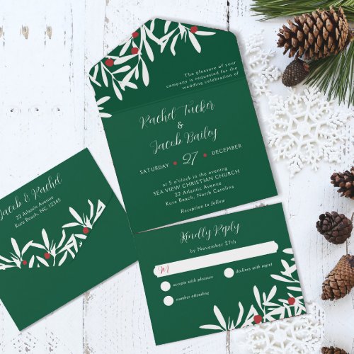 White Branches  Berries Christmas Wedding Green All In One Invitation