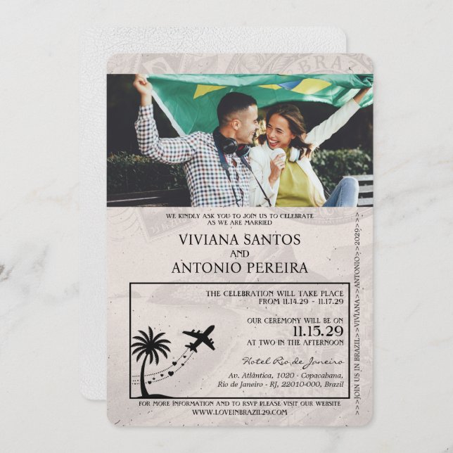 White Brazil Passport Wedding Invitation (Front/Back)