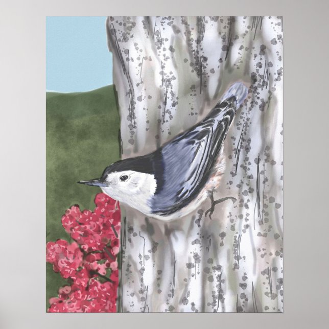 White-Breasted Nuthatch and Pink Flowers Poster (Front)