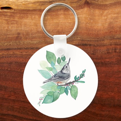 White Breasted Nuthatch Bird Art Keychain