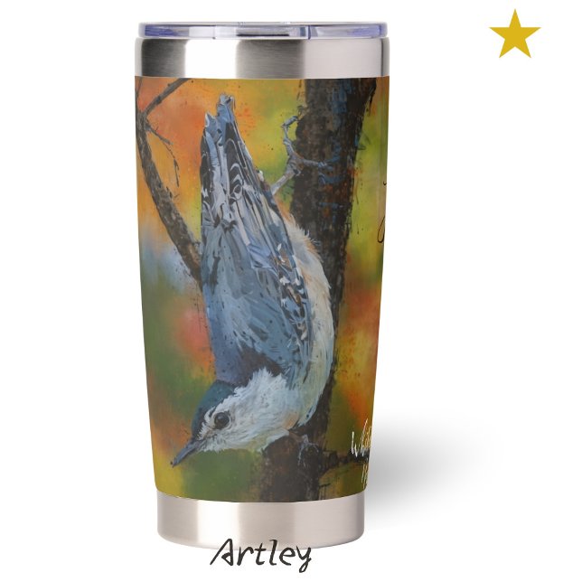 White Breasted Nuthatch Bird Painting Custom Name Insulated Tumbler (Creator Uploaded)
