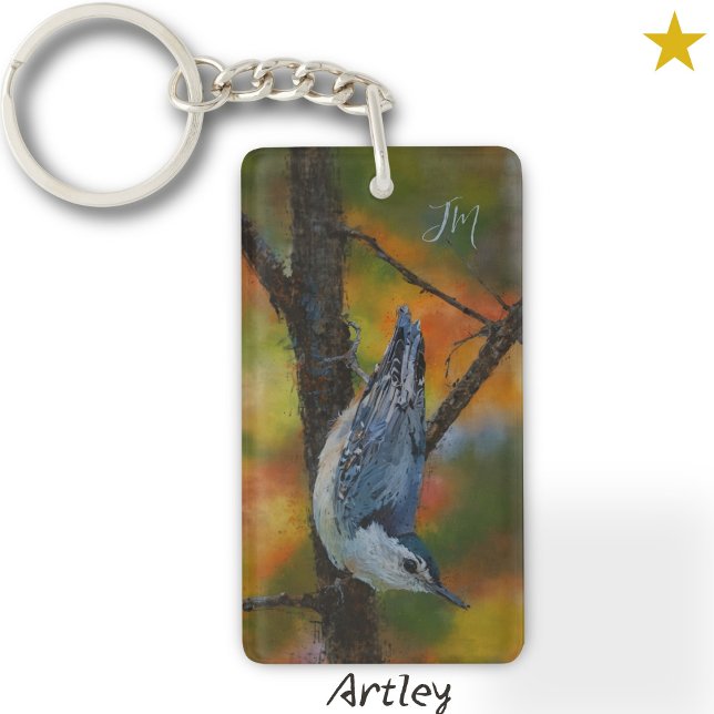 White Breasted Nuthatch Bird Painting Initials  Keychain (Creator Uploaded)