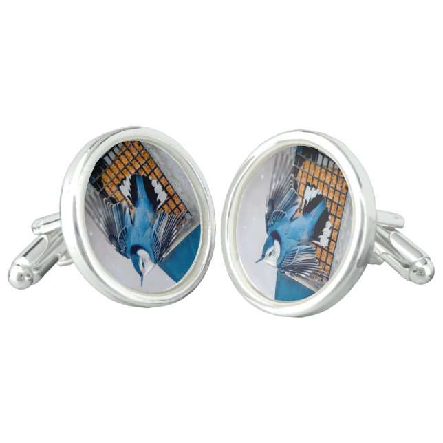 White-Breasted Nuthatch in Snow - Original Photo Cufflinks (Angled)