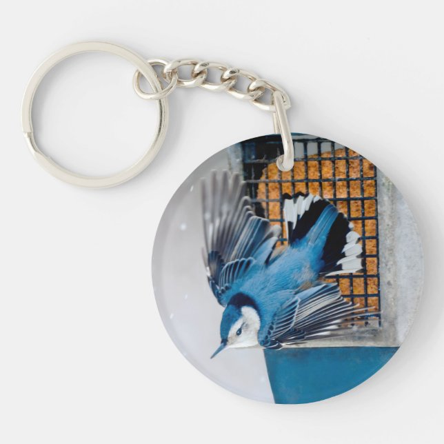 White-Breasted Nuthatch in Snow - Original Photo Keychain (Front)
