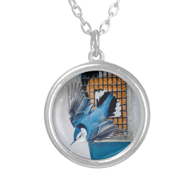 White-Breasted Nuthatch in Snow - Original Photo Silver Plated Necklace (Front)