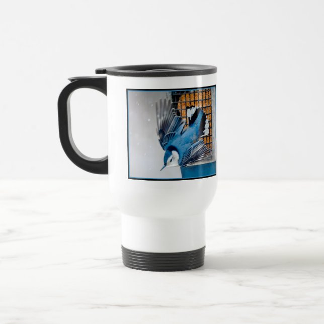 White-Breasted Nuthatch in Snow - Original Photo Travel Mug (Left)