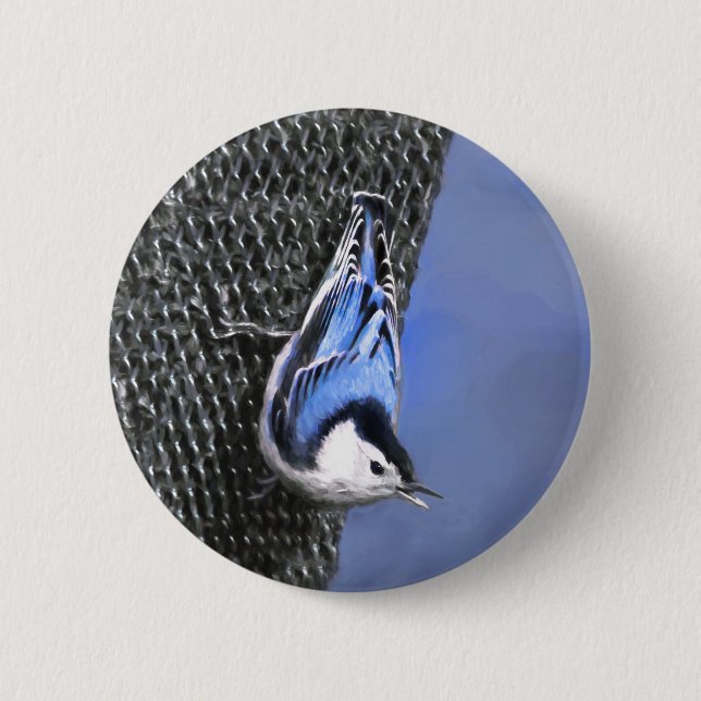 White-Breasted Nuthatch Painting Original Bird Art Button (Front)