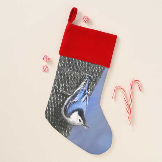 White-Breasted Nuthatch Painting Original Bird Art Christmas Stocking (Front)