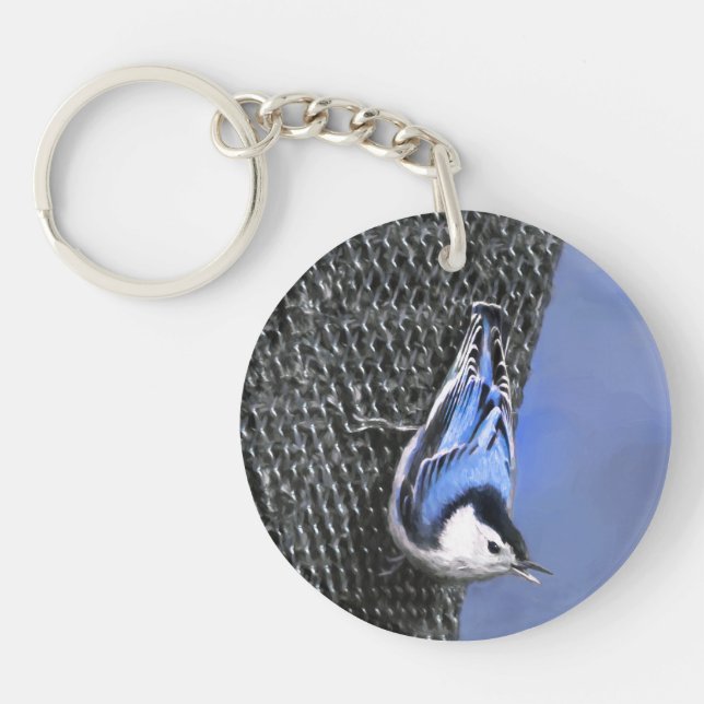 White-Breasted Nuthatch Painting Original Bird Art Keychain (Front)