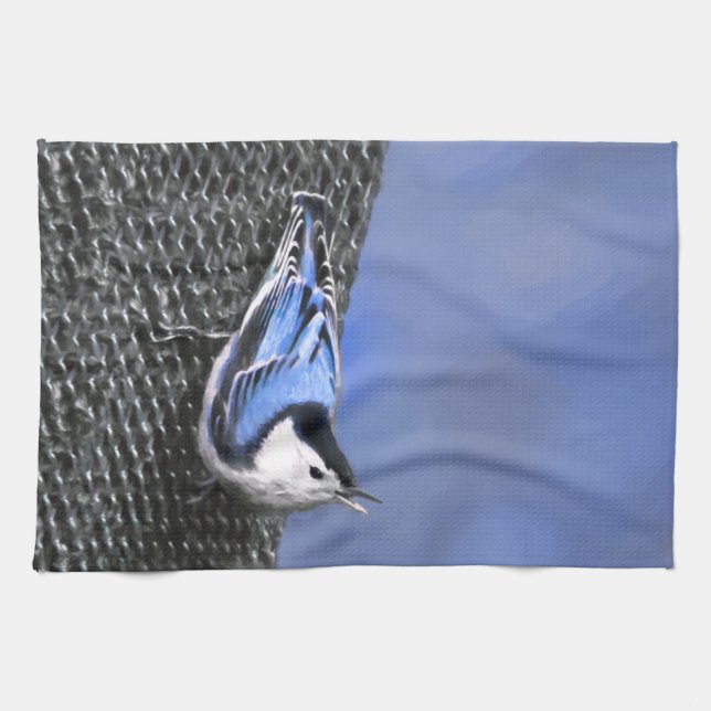 White-Breasted Nuthatch Painting Original Bird Art Kitchen Towel (Horizontal)