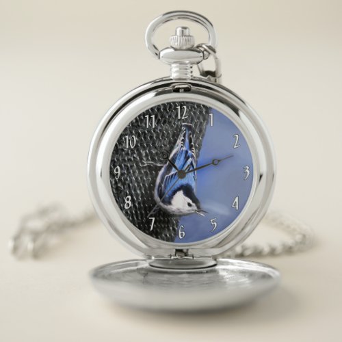 White_Breasted Nuthatch Painting Original Bird Art Pocket Watch