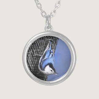White-Breasted Nuthatch Painting Original Bird Art Silver Plated Necklace