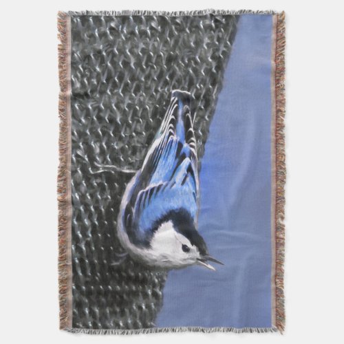 White_Breasted Nuthatch Painting Original Bird Art Throw Blanket