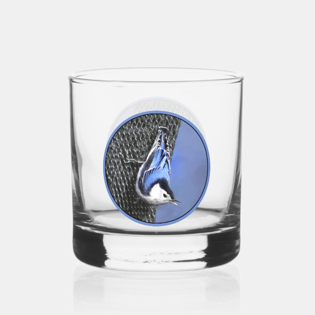 White-Breasted Nuthatch Painting Original Bird Art Whiskey Glass (Front)