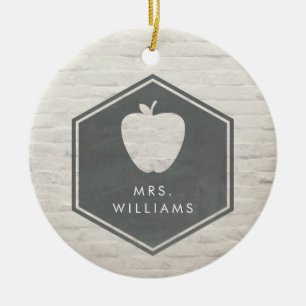 White Brick Chalkboard Inspired Apple Teacher Ceramic Ornament