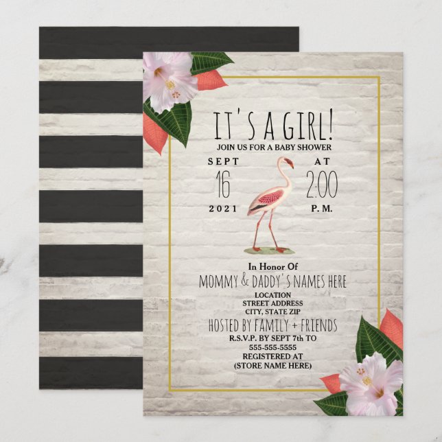 White Brick Flamingo Tropical Boho Baby Shower Invitation (Front/Back)