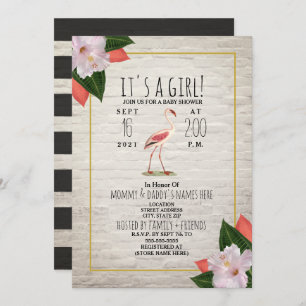 White Brick Flamingo Tropical Boho Baby Shower Invitation