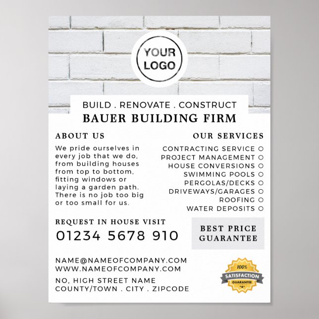 White Brick Wall, Building Firm, Builders Advert Poster (Front)