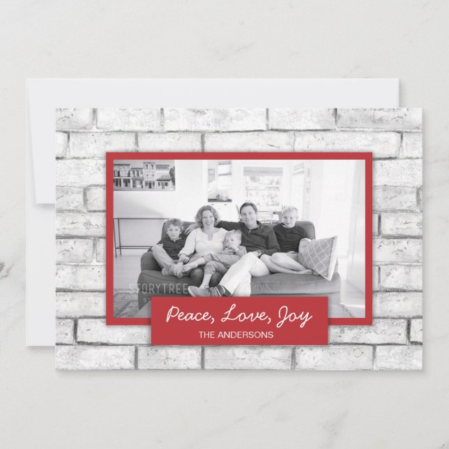 White Brick Wall Peace Love Joy Holiday Photo Card (Front)