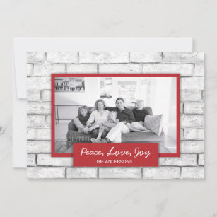 White Brick Wall Peace Love Joy Holiday Photo Card