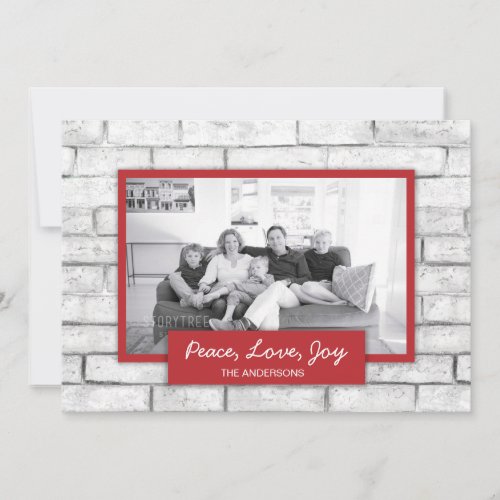 White Brick Wall Peace Love Joy Holiday Photo Card