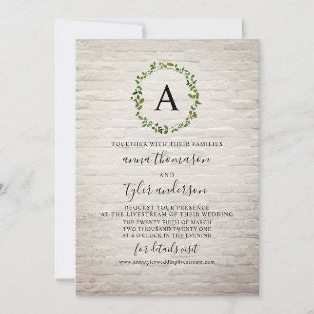 White Brick Wreath Monogram Virtual Wedding Invitation (Front)