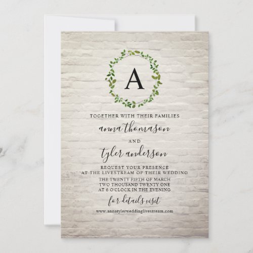 White Brick Wreath Monogram Virtual Wedding Invitation