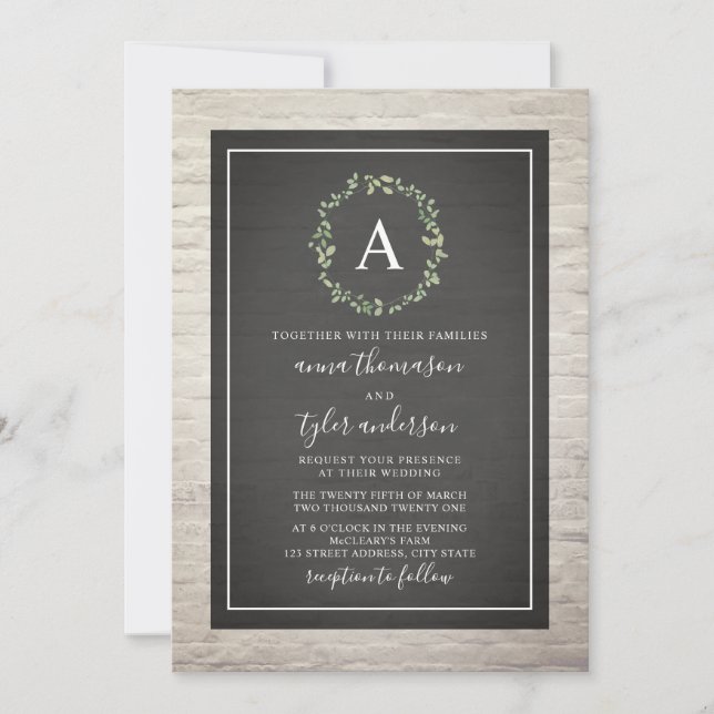 White Brick Wreath Monogram Wedding Invitation (Front)
