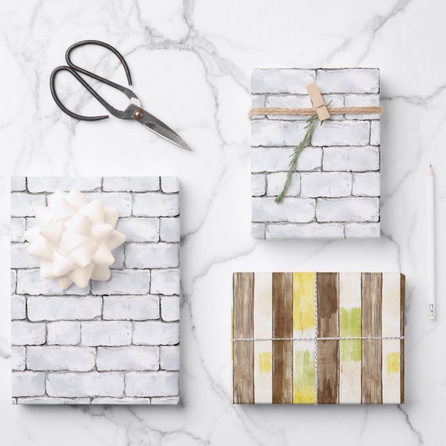 White Bricks Brown Lemon Yellow Green Stripes Wrapping Paper Sheets (Front)