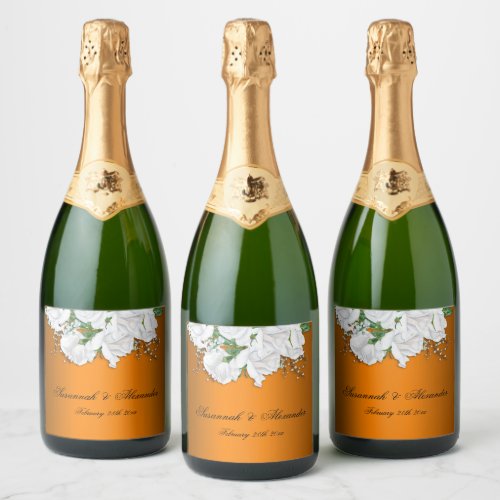 White Bridal Bouquet and Tangerine Wedding Sparkling Wine Label