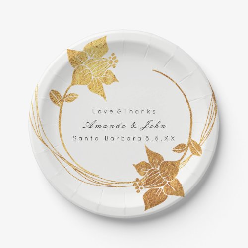 White Bridal Holidays Wedding Gold Floral Wreath Paper Plates