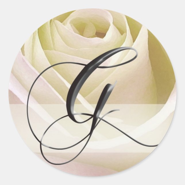 White Bridal Rose Monogram Sticker... Initial G Classic Round Sticker (Front)