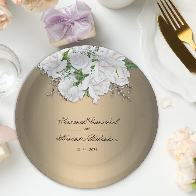 White Bridal Roses and Golden Elegance Wedding  Paper Plates (Creator Uploaded)