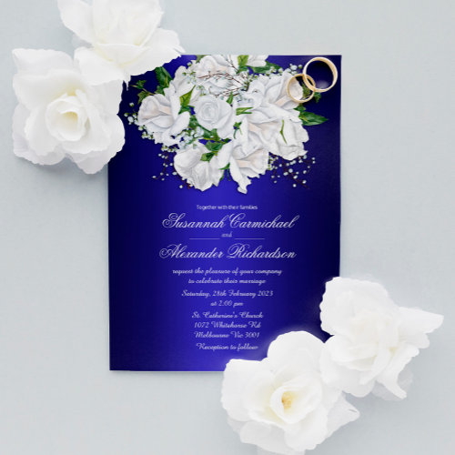 White Bridal Roses on Dark Blue Wedding Invite