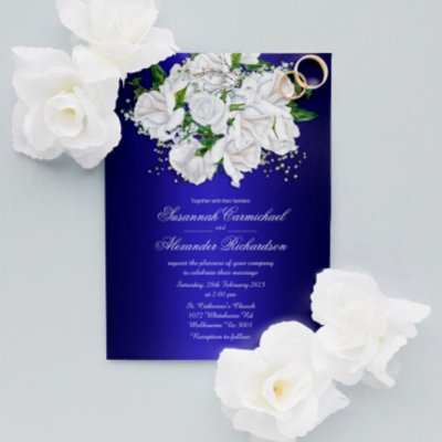 White Bridal Roses on Dark Blue Wedding Invite