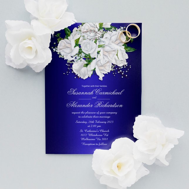 White Bridal Roses on Dark Blue Wedding Invite (Creator Uploaded)