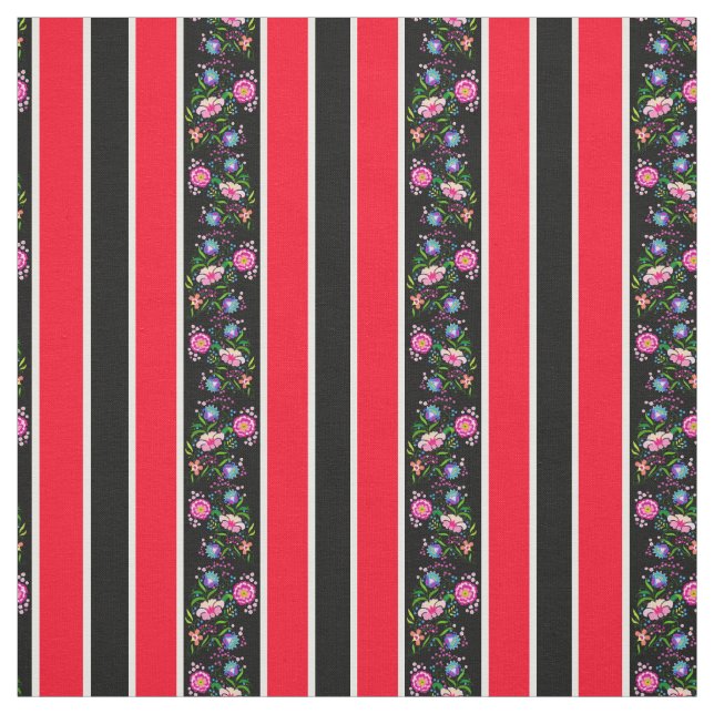White, bright red/folk flowers/stripe/black fabric (Swatch)