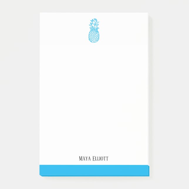 White & Bright Sky Blue Pineapple & Border, Name Post-it Notes (Front)