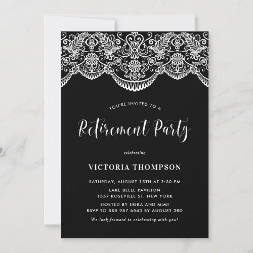 White Brocade Lace Black Retirement Party Invitation