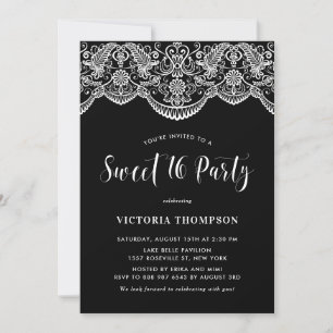 White Brocade Lace Black Sweet 16 Party Invitation