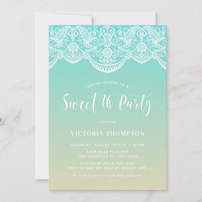 White Brocade Lace Blue Ombre Sweet 16 Party Invitation (Front)