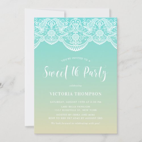 White Brocade Lace Blue Ombre Sweet 16 Party Invitation